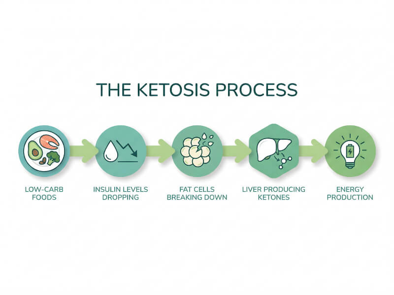 Educational infographic showing 5-step ketosis process from low-carb foods to energy production