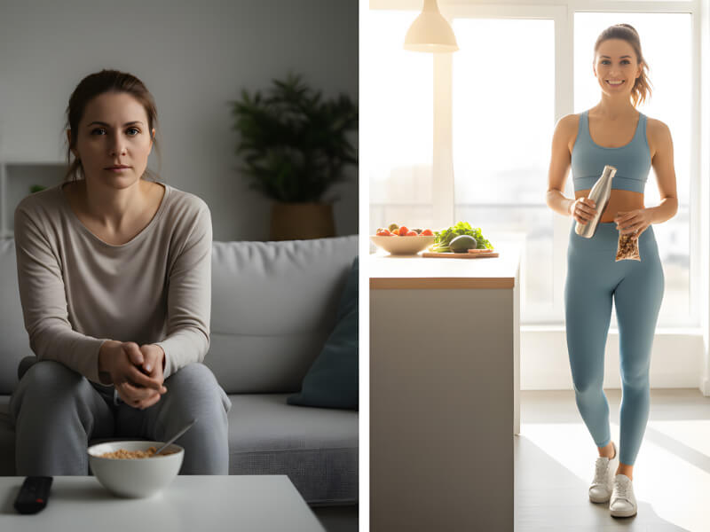 Split-screen comparison showing woman before and after keto: tired and low-energy versus energetic and vibrant