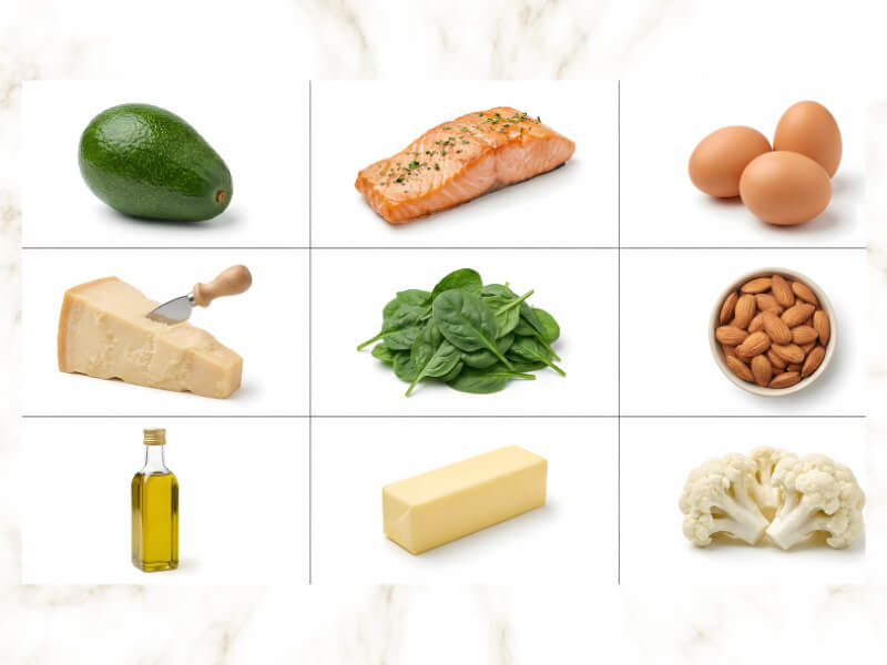 Clean grid layout showing 9 keto-approved foods: avocado, salmon, eggs, cheese, spinach, almonds, olive oil, butter, cauliflower