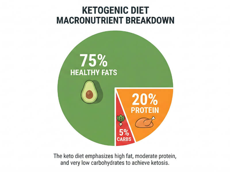 Keto macros pie chart showing 75% healthy fats, 20% protein, 5% carbs with food icons