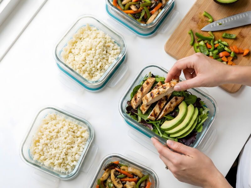 Overhead view of organized keto meal prep with glass containers, cauliflower rice, chicken, vegetables and grocery list
