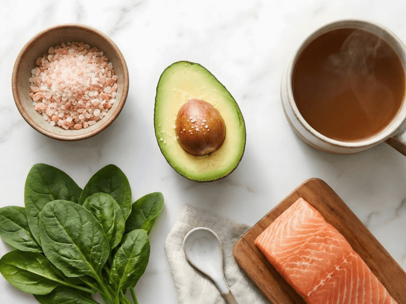 Keto-friendly electrolyte sources including sea salt, avocado, spinach, and salmon
