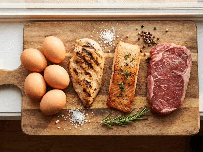 Keto-friendly halal protein sources including eggs, chicken, fish, and beef