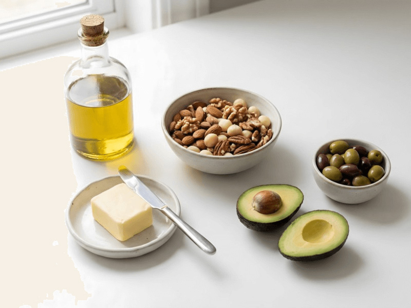 Healthy keto fats including avocado oil, butter, nuts, and olives