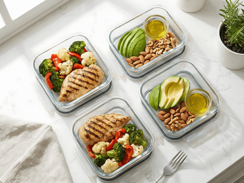 Keto meal prep containers with balanced macros for the week