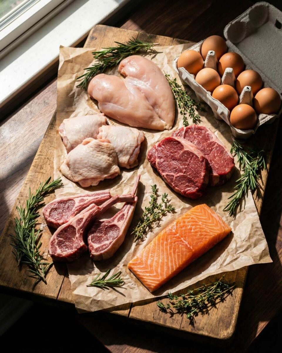 Halal keto proteins including chicken beef lamb fish and eggs for pork-free ketogenic diet weight loss and muscle building