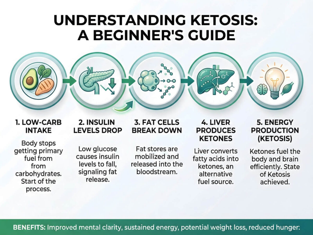 Infographic showing how ketosis works for keto diet beginners in 5 simple steps