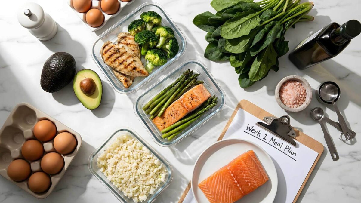 How to start keto for beginners with meal prep containers, fresh keto foods, and week 1 meal plan on kitchen counter