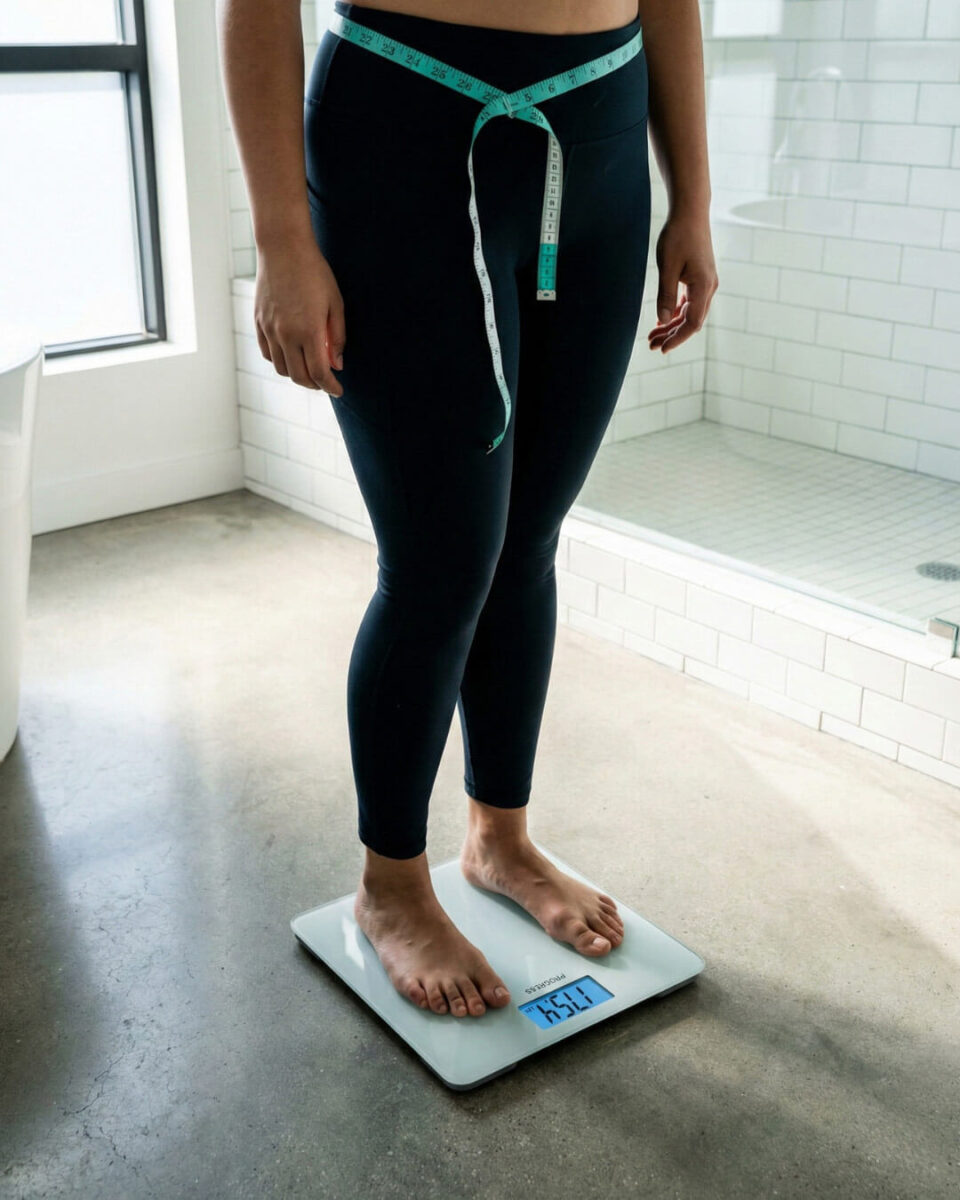 Keto diet weight loss results with scale and measuring tape showing successful fat loss from ketogenic nutrition approach