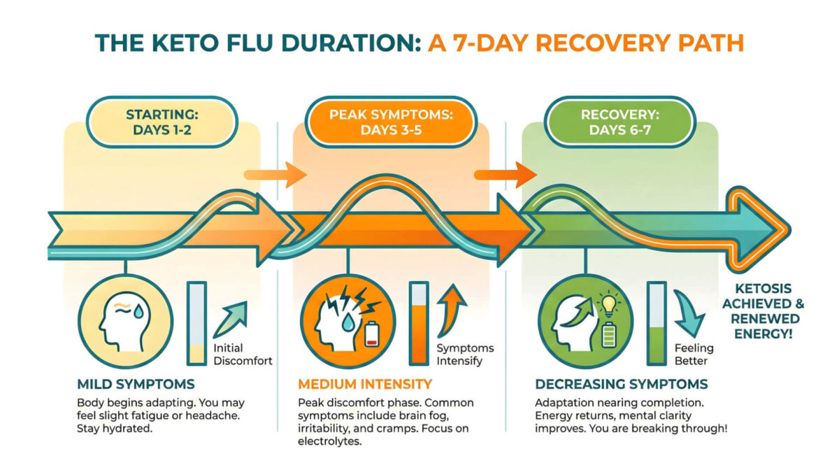 Keto flu duration timeline showing symptoms from day 1 through 7 with peak at days 3-5