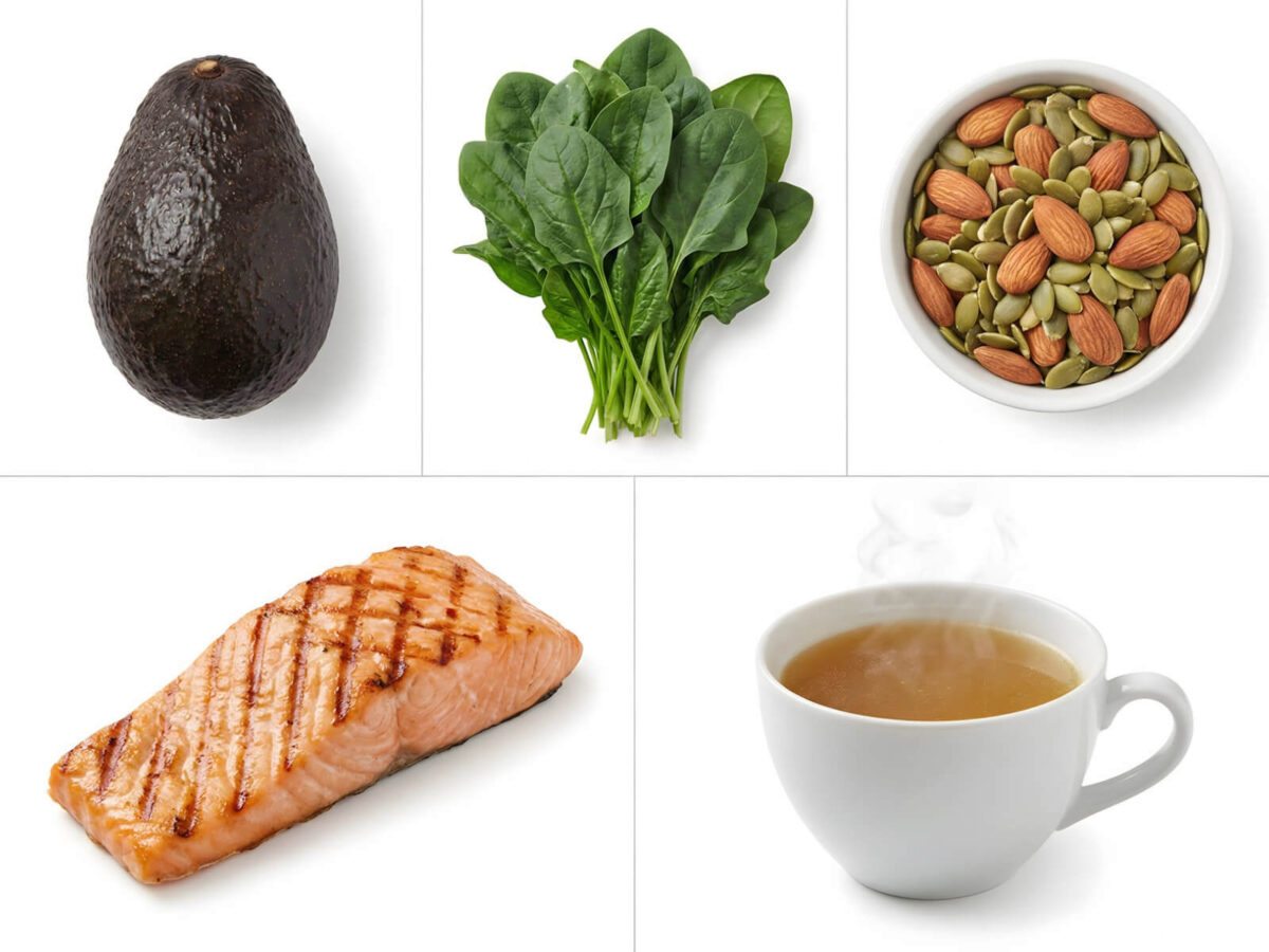 Top 5 foods to beat keto flu symptoms: avocado, spinach, nuts, salmon, and bone broth