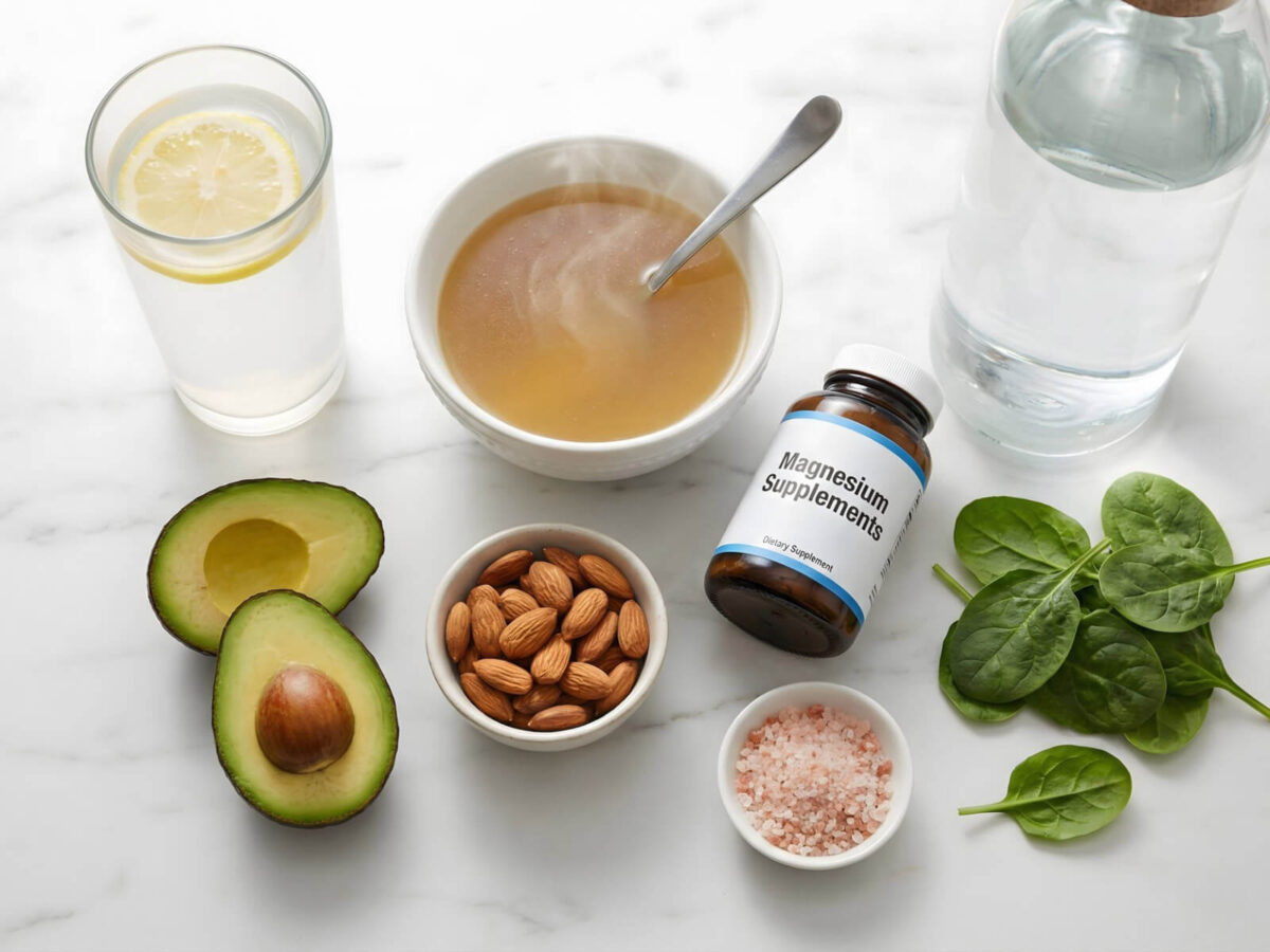 Keto flu relief essentials including electrolyte drink, bone broth, avocado, almonds, and magnesium supplements
