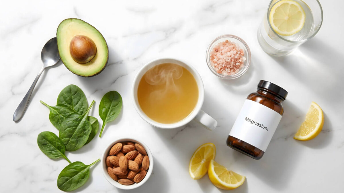Keto flu remedies for beginners including bone broth, avocado, spinach, salt, and magnesium supplements