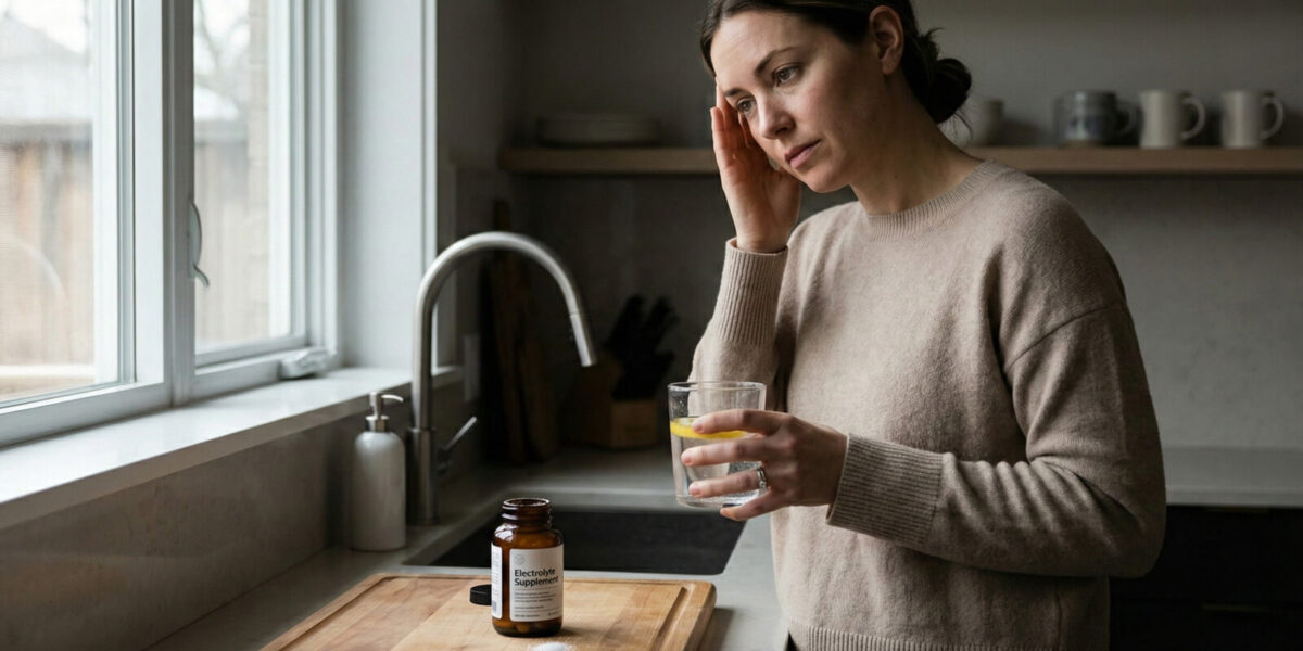 Person managing keto flu symptoms with electrolytes and water during ketosis transition phase on days 3-4 of keto diet
