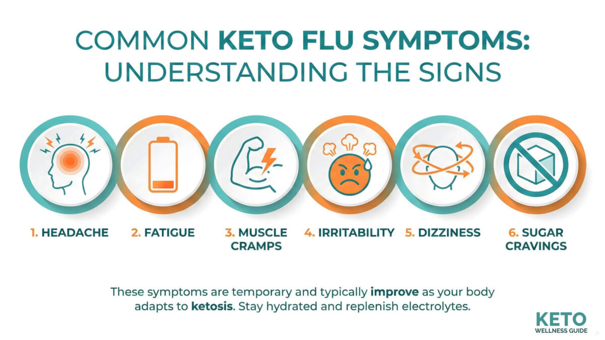 Infographic showing 6 common keto flu symptoms including headache, fatigue, cramps, dizziness and cravings