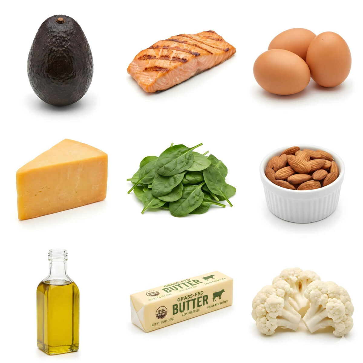 Essential keto foods for beginners including avocado, salmon, eggs, cheese, spinach, almonds, olive oil, butter, cauliflower
