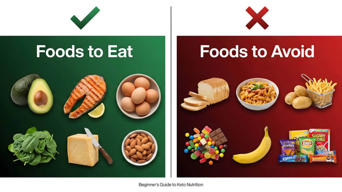 Keto diet food guide for beginners showing foods to eat versus foods to avoid with visual indicators