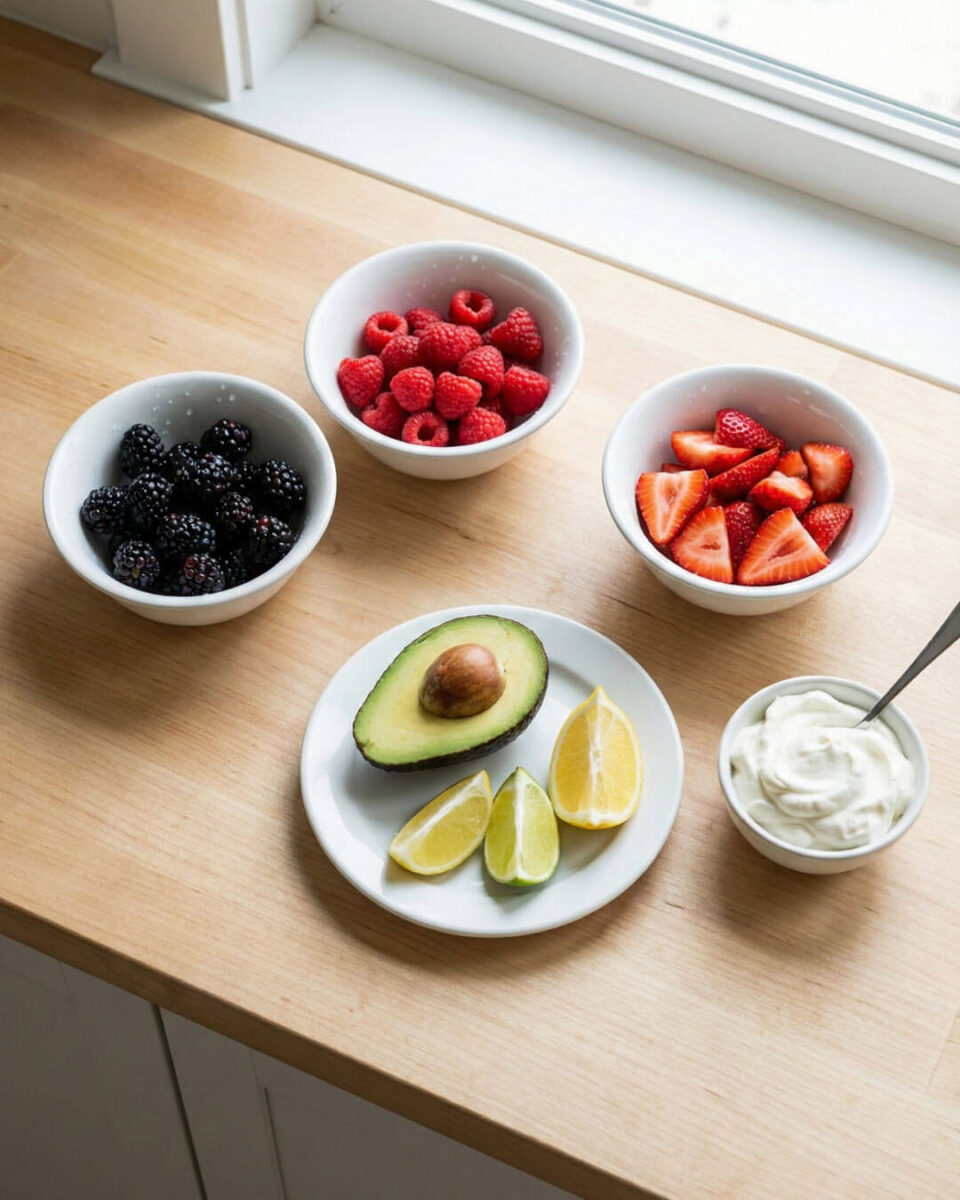 Keto-friendly fruits showing portioned berries and avocado for low-carb ketogenic diet in moderation with measured servings
