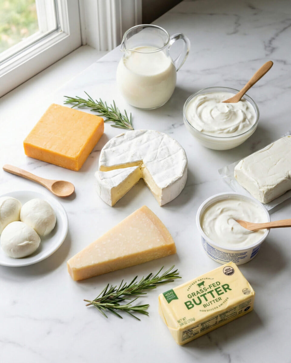Keto full-fat dairy products including cheese heavy cream butter and Greek yogurt for low-carb high-fat ketogenic diet