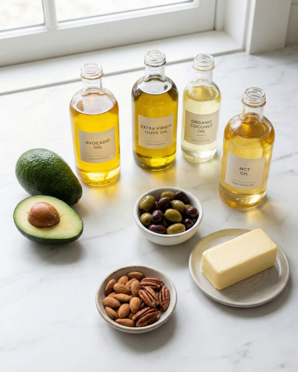 Keto healthy fats including avocado oil olive oil coconut oil butter and whole food fat sources for ketogenic diet energy