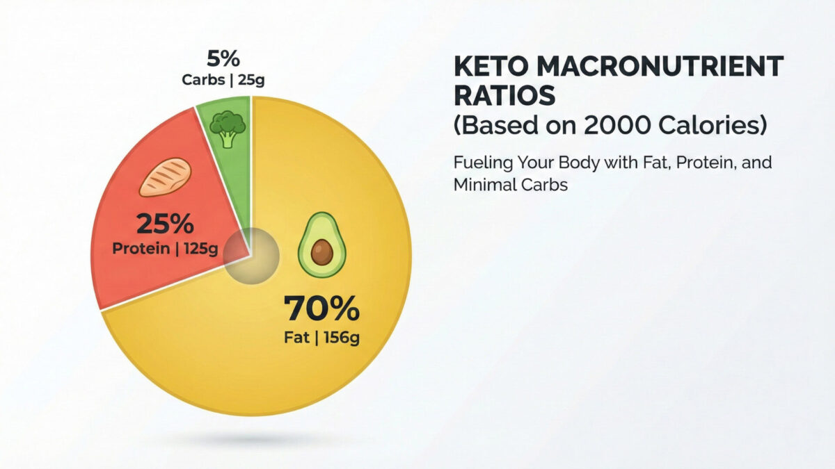 Keto macro pie chart showing 70% fat, 25% protein, and 5% carbs with food icons and gram amounts