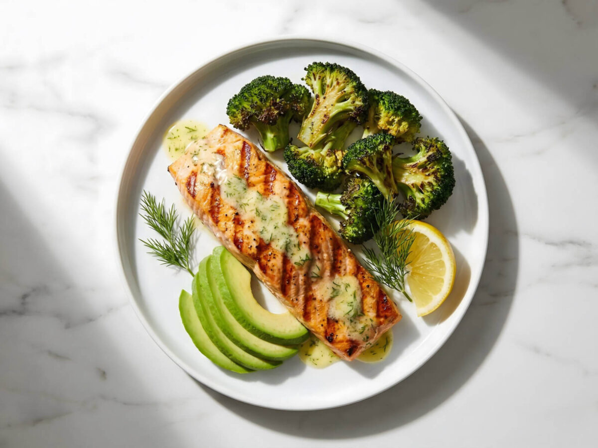 Complete keto meal for beginners with salmon, broccoli, and avocado on white plate