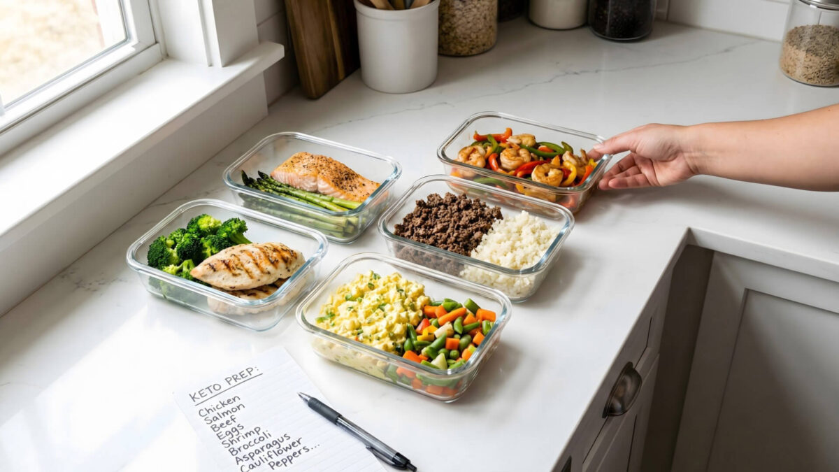 Keto meal prep for beginners with organized glass containers showing weekly keto meals and grocery list