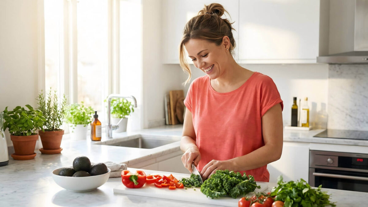 Confident person preparing keto meal in kitchen feeling successful about starting the diet