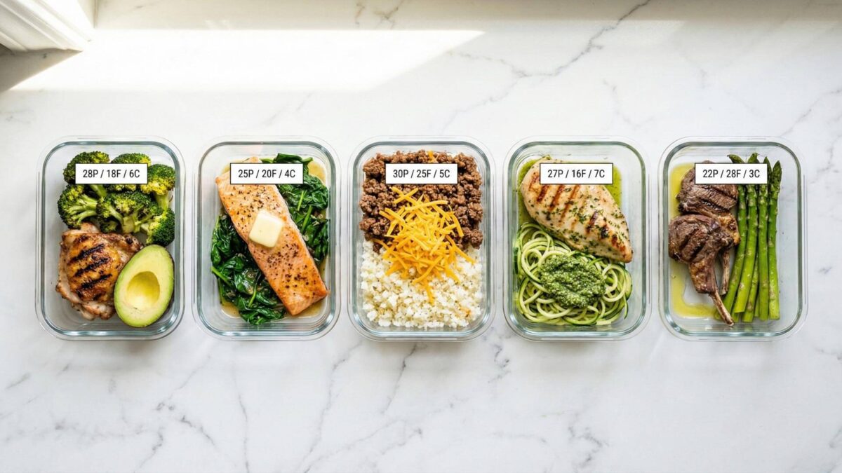 Five glass meal prep containers with keto-friendly meals showing protein, fats, and low-carb vegetables with macro labels