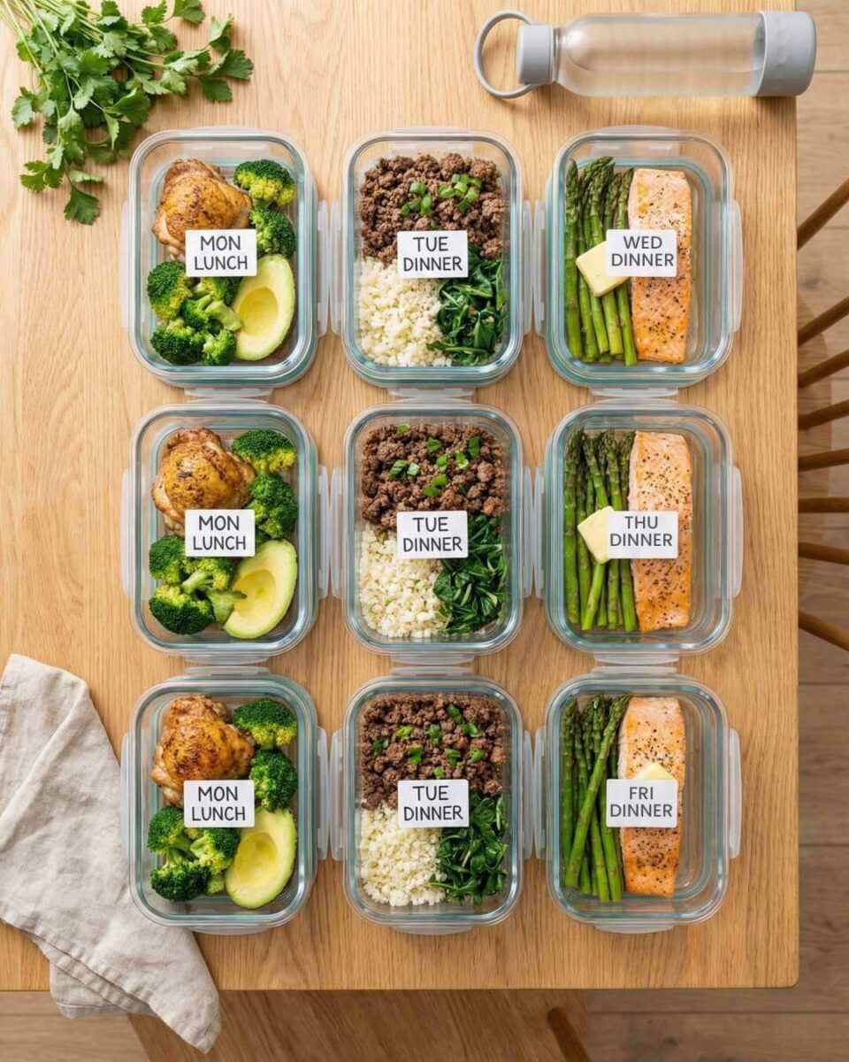 Keto meal prep containers showing weekly prepared meals with proteins vegetables and healthy fats for ketogenic diet success and time savings
