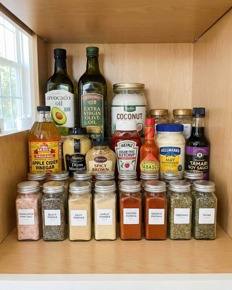 Keto pantry essentials including cooking oils condiments and seasonings for flavorful low-carb ketogenic diet meals without hidden carbs