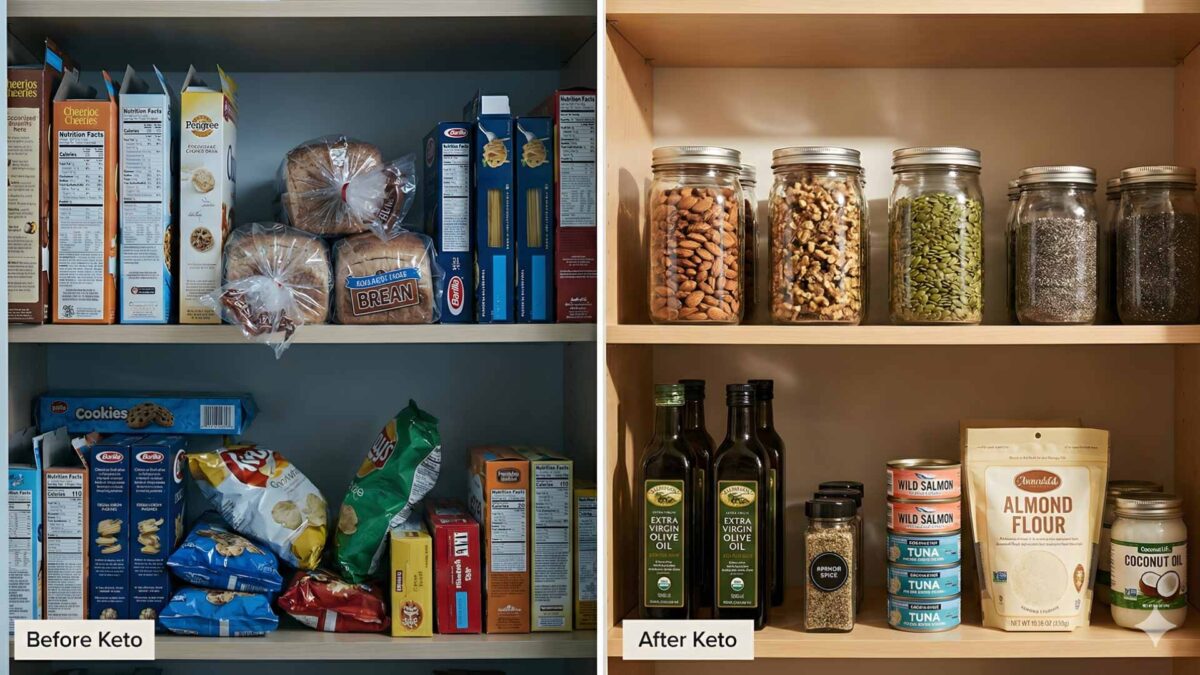 Pantry before and after starting keto diet showing removal of high-carb foods and addition of healthy fats