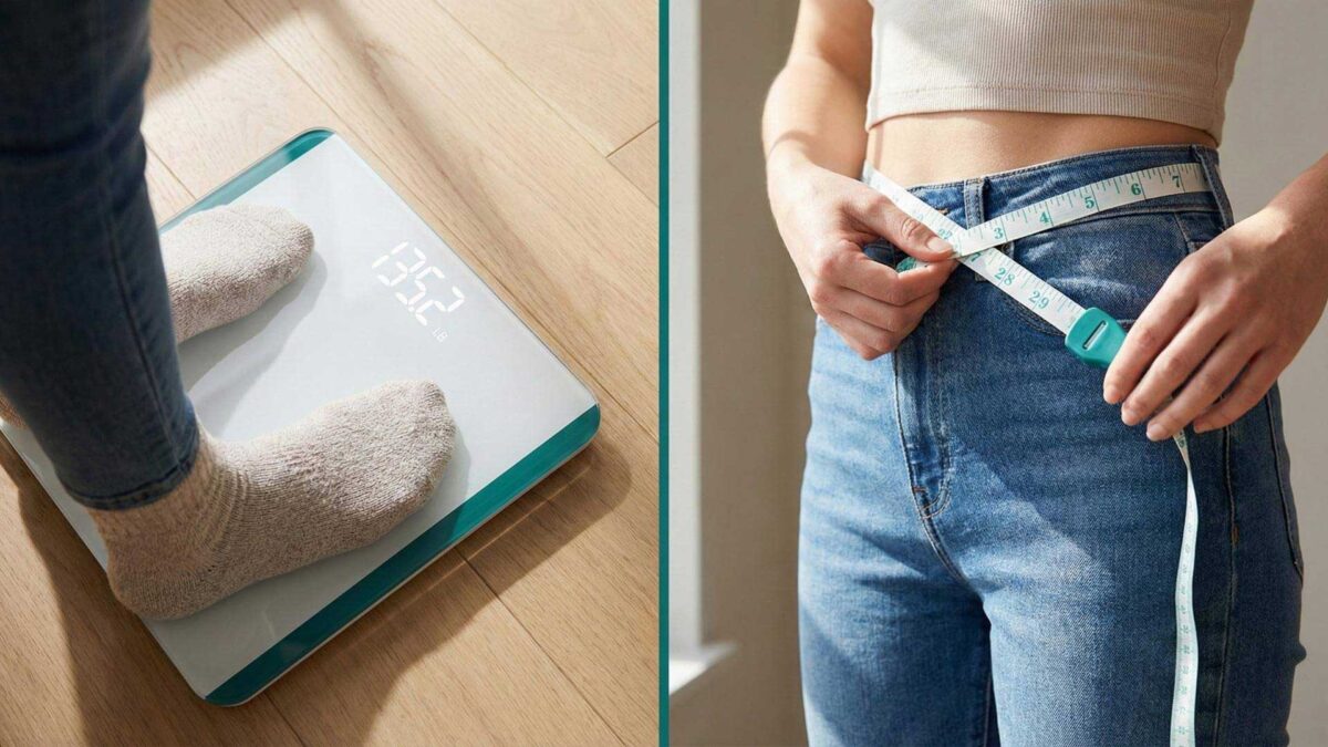 Side-by-side comparison of scale weight versus measuring tape around waist showing multiple ways to track keto progress
