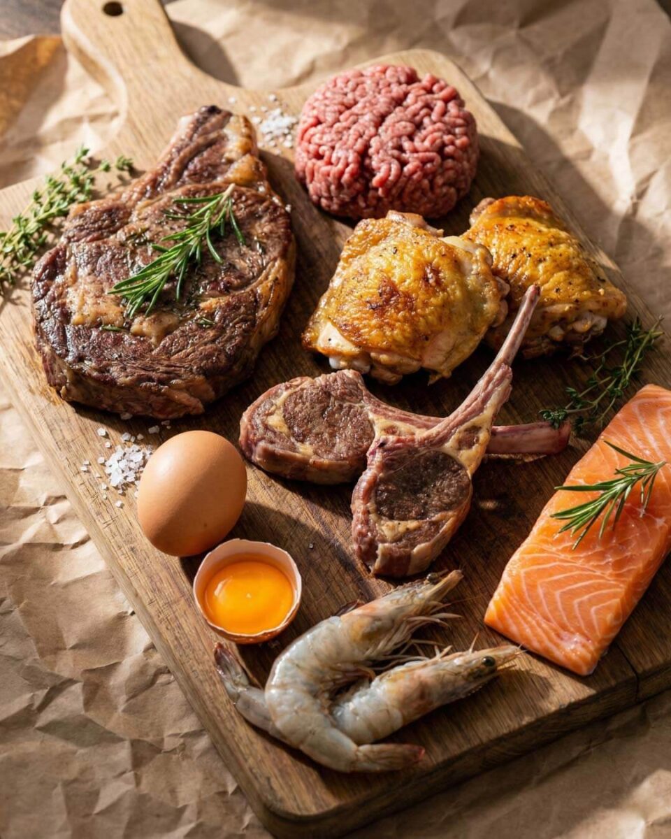 Keto protein sources including beef chicken lamb fish and eggs for high-fat low-carb ketogenic diet meals