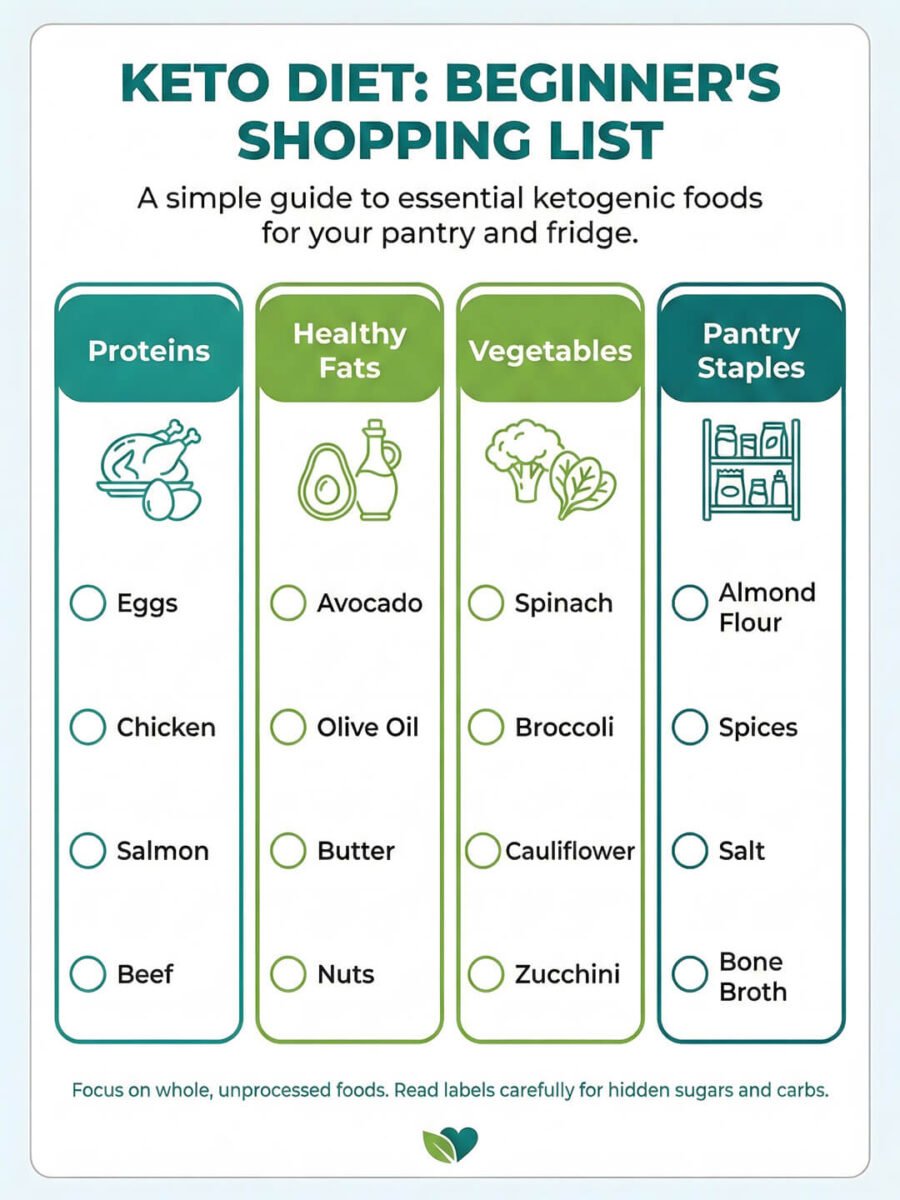 Complete keto shopping list for beginners organized by food categories with checkboxes