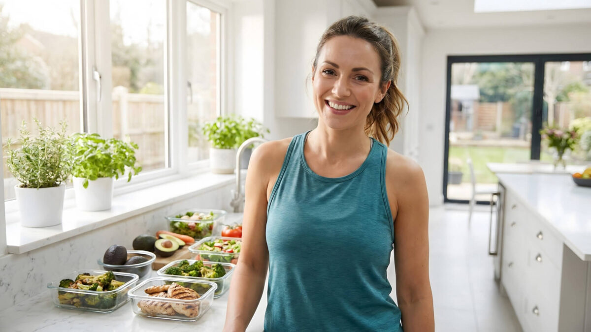 Confident woman in kitchen after successful keto diet journey for beginners with healthy meal prep