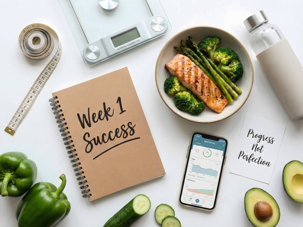 Keto diet success tracking tools for beginners including journal, scale, measuring tape and meal