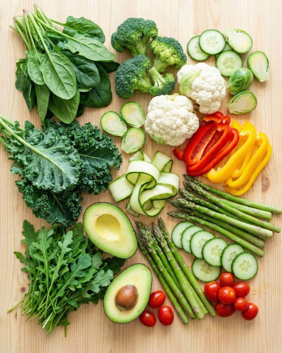Keto vegetables including spinach broccoli cauliflower zucchini and peppers for low-carb ketogenic diet nutrition
