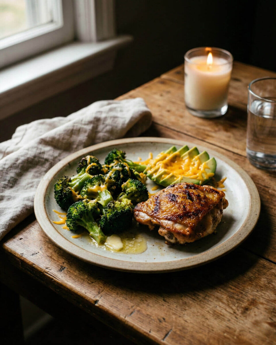 Lazy keto simple meal with chicken vegetables and healthy fats showing no tracking or measuring required for ketogenic diet