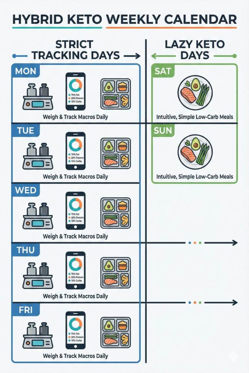 Lazy keto vs strict keto hybrid approach showing weekly calendar with structured weekdays and flexible weekends for balance