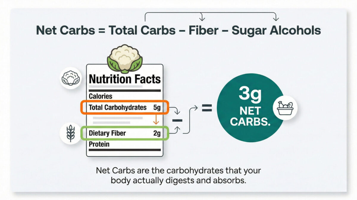 Infographic showing how to calculate net carbs from nutrition label by subtracting fiber from total carbs