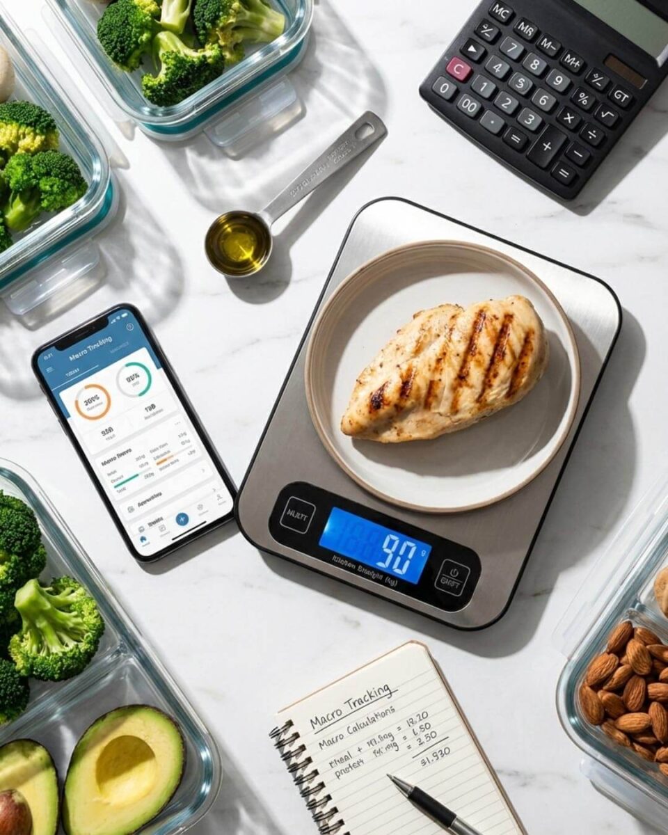 Strict keto macro tracking with food scale and app showing precise measurement of proteins fats and carbs for ketogenic diet