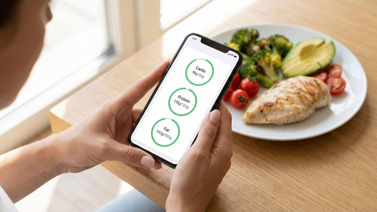 Woman using smartphone macro tracking app showing daily keto macros with healthy meal in background