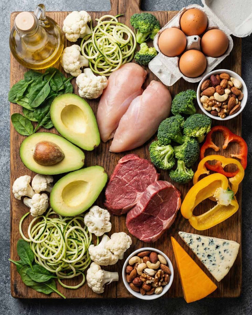 Whole foods keto diet with low-carb vegetables avocado quality meat and healthy fats for nutrient-dense ketogenic nutrition