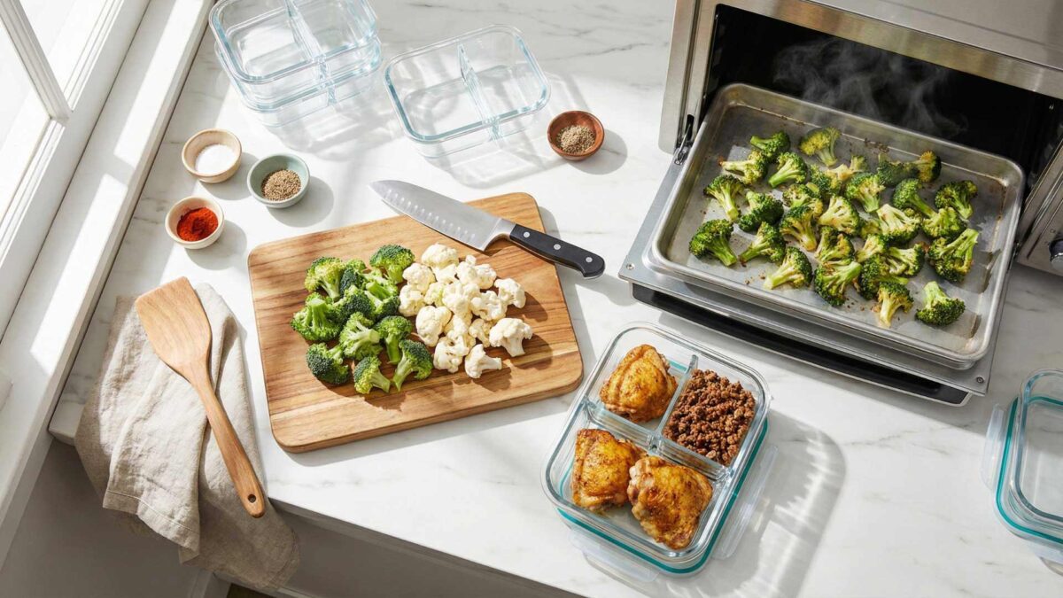 Keto meal prep for beginners showing glass containers organized workspace with prepared proteins vegetables for weekly batch cooking