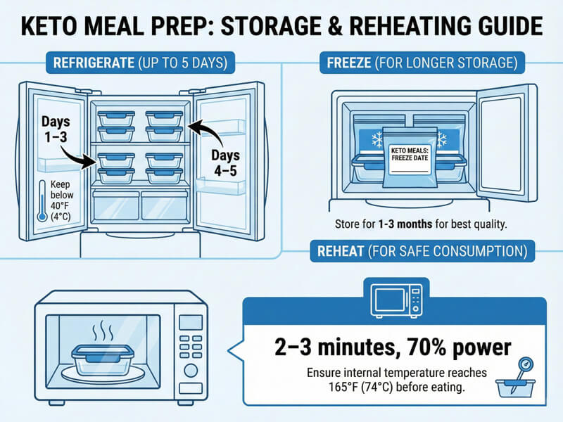Keto meal prep storage and reheating guide showing refrigerator organization freezer storage and microwave timing for food safety