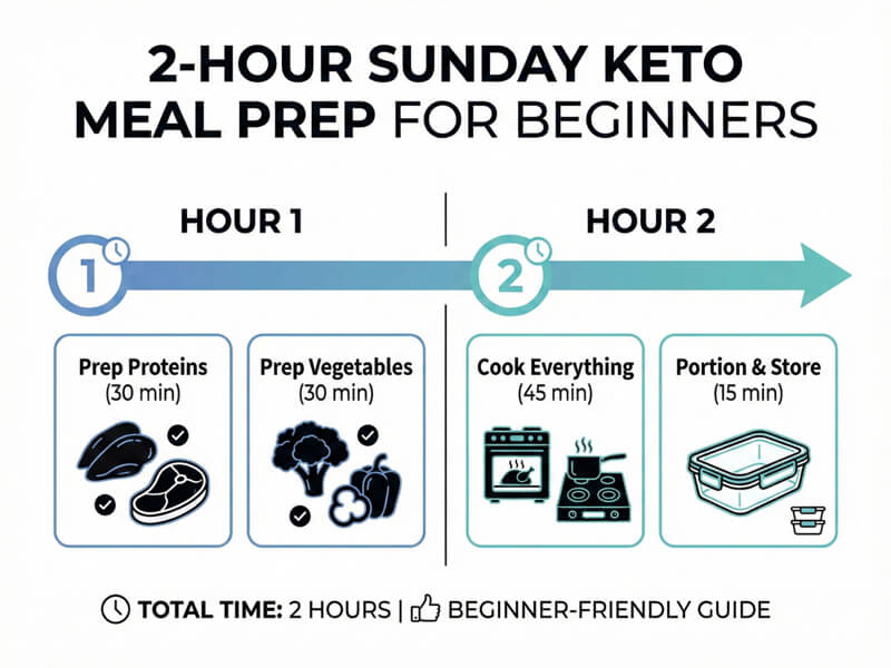 Sunday keto meal prep routine timeline showing two-hour beginner-friendly schedule for batch cooking proteins vegetables portioning