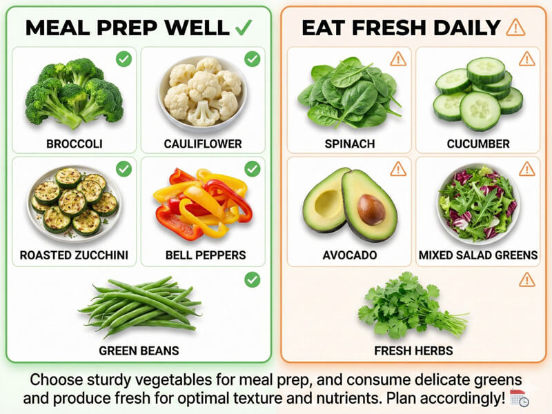 Keto vegetable meal prep guide showing which vegetables prep well versus eat fresh for batch cooking beginners
