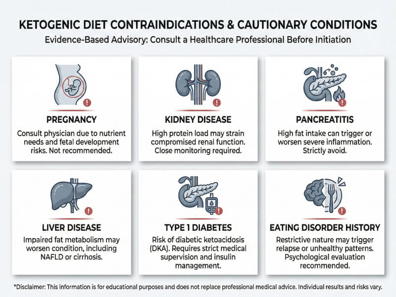 Medical contraindications for ketogenic diet showing who should not do keto including pregnancy kidney disease pancreatic disorders