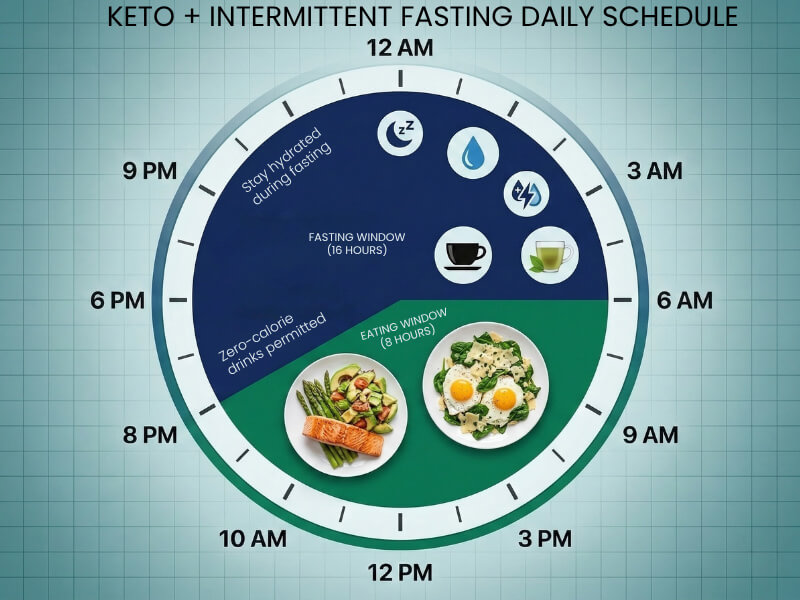 Keto and intermittent fasting 16:8 daily schedule showing fasting window eating window meal timing for beginners